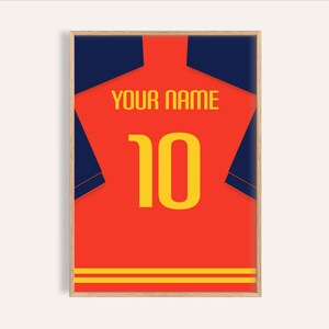 Poster personalizzato con maglia della nazionale spagnola di calcio, stile La Roja (nome e numero personalizzabili)