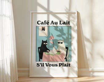 Funny Cat Print Retro Wall Art for Cat Lovers | Humorous Cat Poster French Kitchen Gift Decor Parisian Cat Art Quirky Cat Poster Dining Room