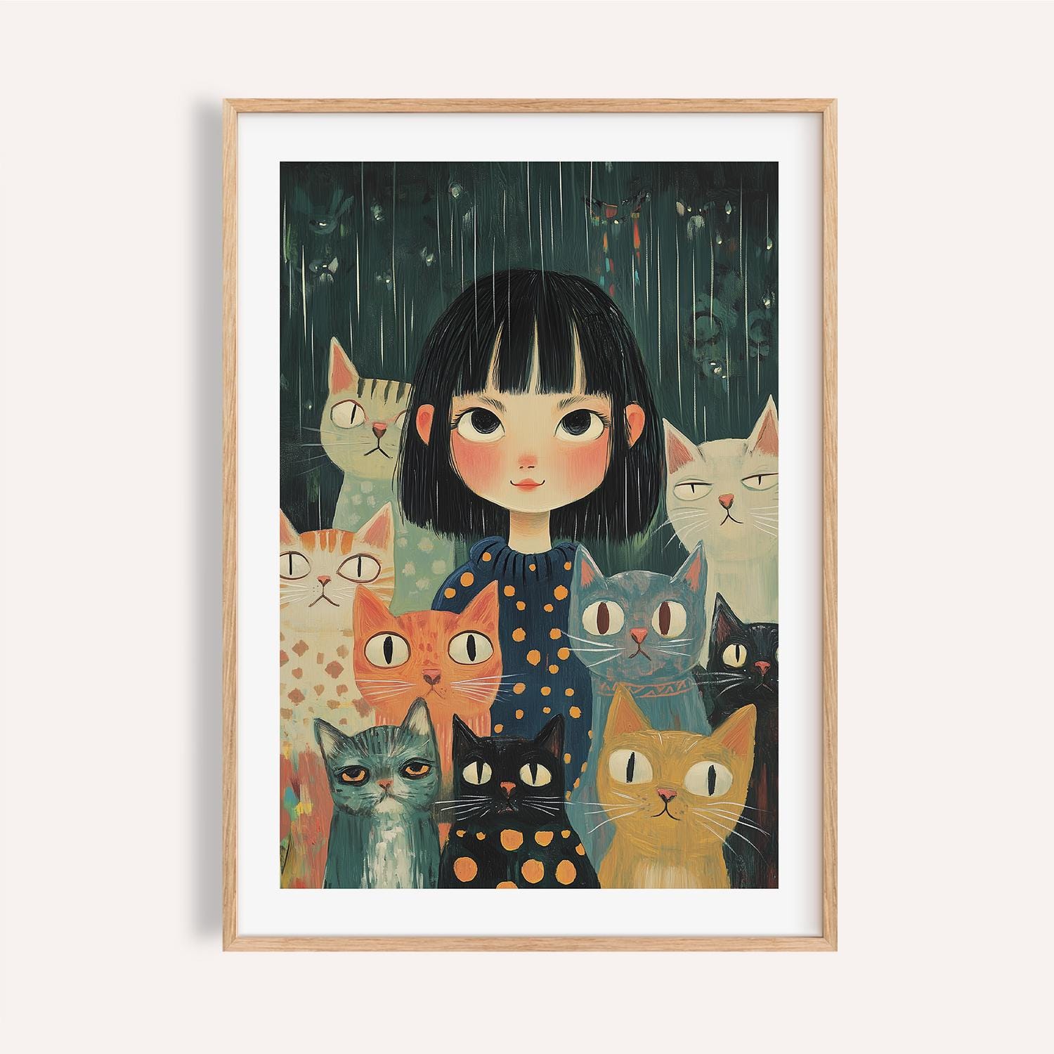 風変わりな女の子と猫のアートプリント：和風イラスト - Etsy 日本
