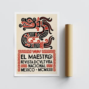 Decorative border poster print with patterned serpent figure and Spanish lettering