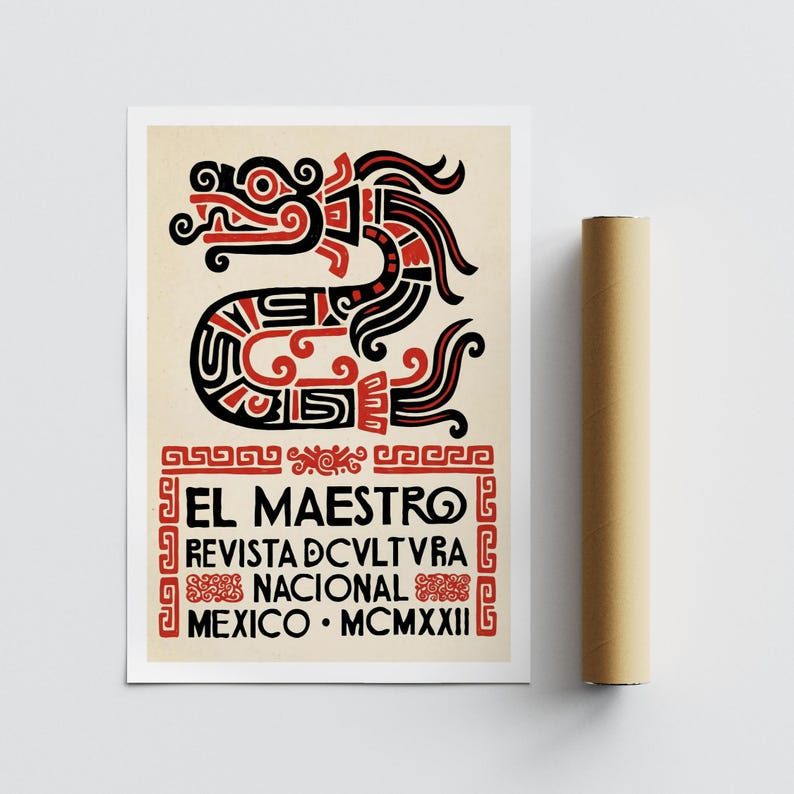 Decorative border poster print with patterned serpent figure and Spanish lettering