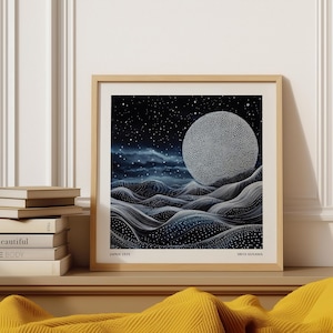 Surreale Mondlandschaft Wandkunst | Yayoi Kusama inspiriertes kosmisches Poster | Quadrat Traumhaftes Dekor für Wohnzimmer, Schlafzimmer