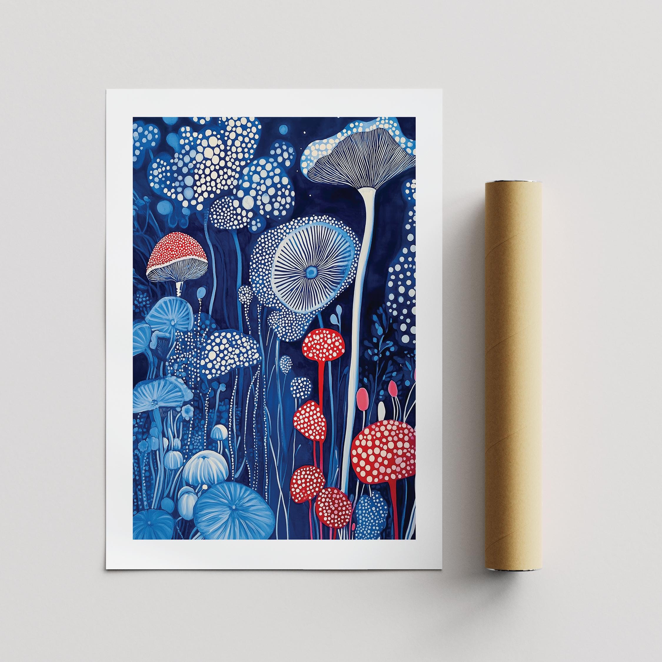 キノコのアートプリント：赤と青のキノコ、植物の森のデザイン - Etsy 日本