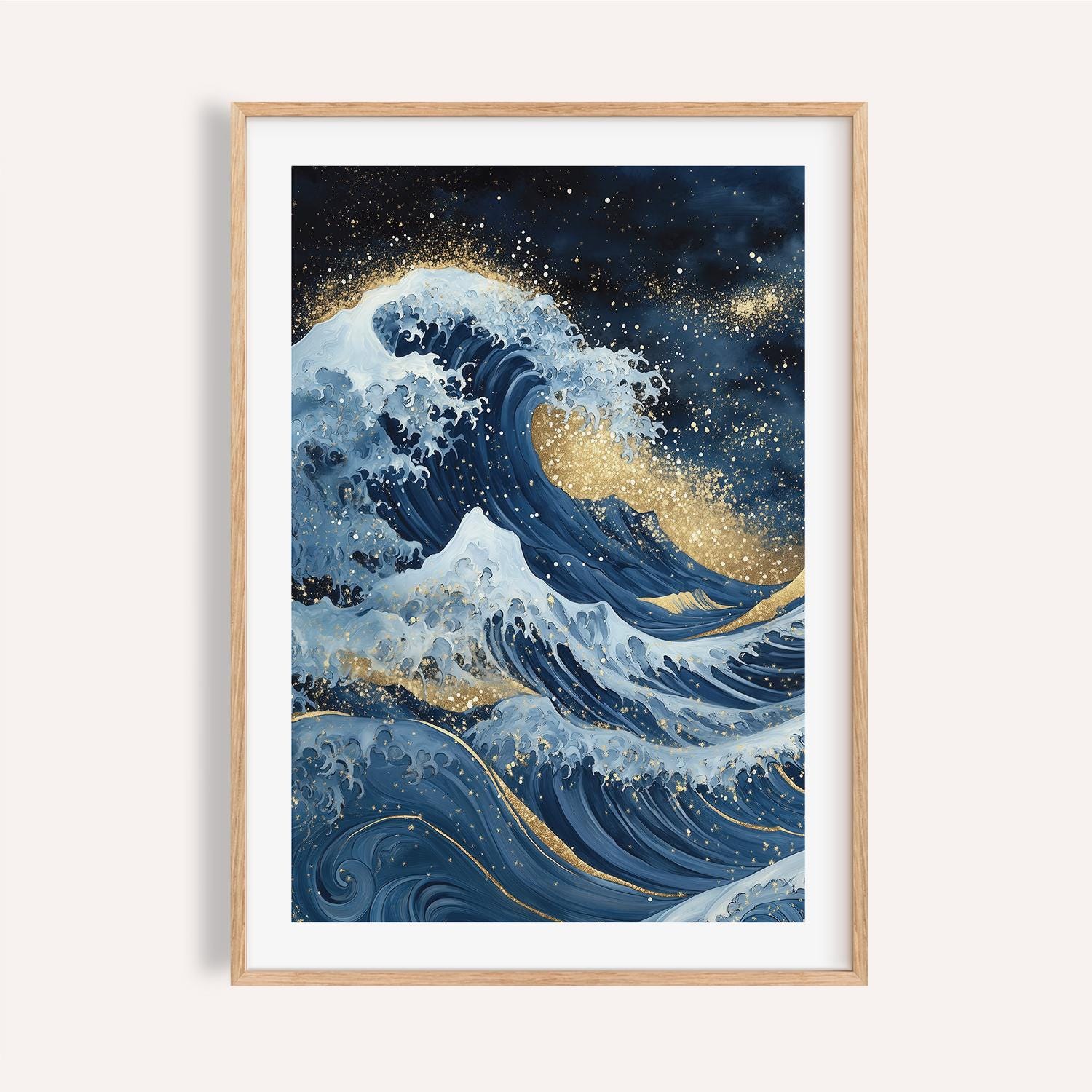 神奈川沖浪裏のアートプリント｜ゴールドのアクセント、海岸風装飾 