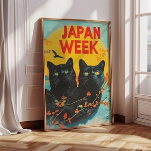 Poster vintage giapponese con gatto nero, stile retrò, da parete, per amanti dei gatti, decorazione colorata per la casa, stampa artistica giapponese per soggiorno, camera da letto.