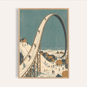 Ski Village Wall Art, Whimsical Winter Scene (Blue Beige Palette)
