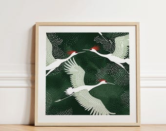日本の鶴の版画：ミニマルな緑の自然アート - Etsy 日本