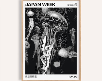 Monochrome Jellyfish Print: Japanese Inspired Dot Art