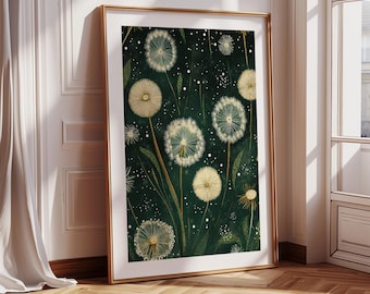 Dark Green Wall Art Featuring Dandelion Botanical Design | Minimalist Floral Print for Bedroom or Office | Nature Poster in Japandi Style