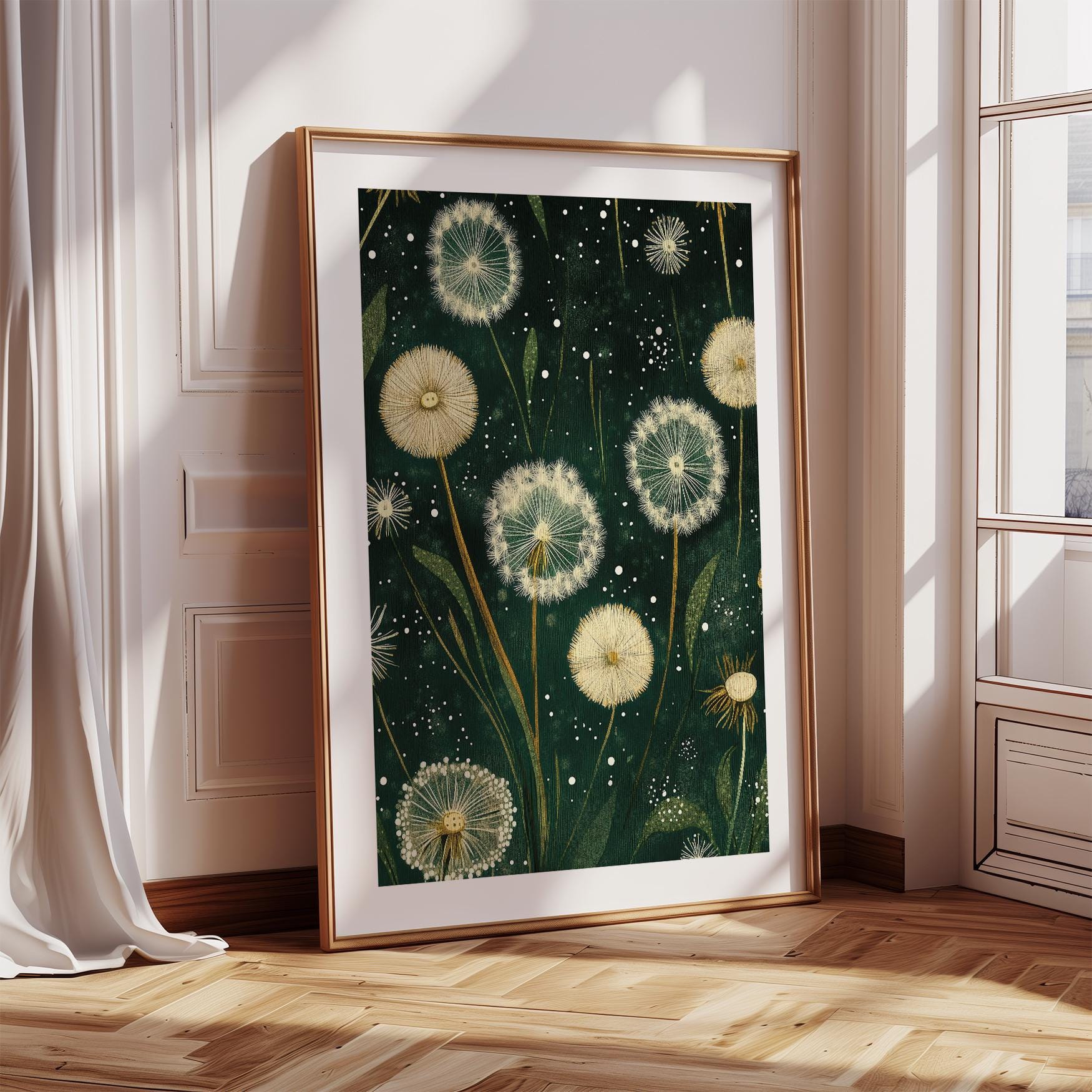 Dandelion Botanical Print: Dark Green Japandi Wall Art - Etsy