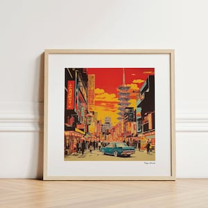 Tokyo Streets Wall Art Vintage Japanese Print Retro Car Poster Sunset Japan Cityscape Travel Decor for Bedroom, Office, Living Room