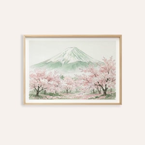 Puede incluir: Pintura a la acuarela del monte Fuji con cerezos en flor. La obra presenta una montaña nevada y árboles de flores rosas en un marco de madera clara. La paleta de colores general es suave y pastel.