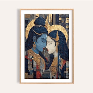 Shiva Parvati Wall Art: Intimate Mosaic Portrait - Geometric Tiles