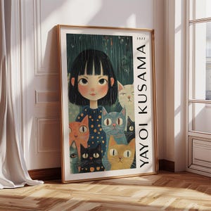 Quirky Girl and Cats Art Print – Yayoi Kusama Inspired Whimsical Wall Art for Bedroom, Dorm Room Poster | Unique Print for Living Room Wall