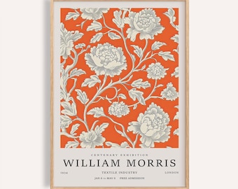 Vintage pioenroos bloemenprint: oranje en grijze kunst in William Morris-stijl