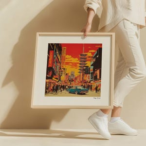 Tokyo Streets Wall Art Vintage Japanese Print Retro Car Poster Sunset Japan Cityscape Travel Decor for Bedroom, Office, Living Room
