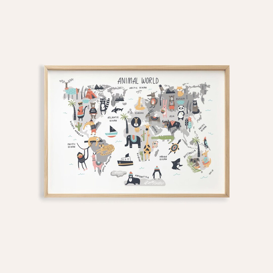 Animal World Map for Kids: Colorful Nursery and Playroom Art - Etsy