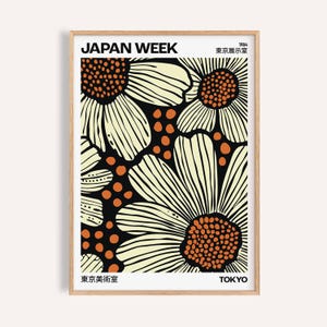 Beige and Orange Floral Print: Modern Japanese Wall Art