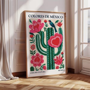 Mexican Folk Art Cactus | Colorful Desert Poster with Bird and Floral Design | Bold Mexican Wall Art for Boho and Eclectic Interiors