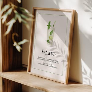 Wall Pictures for Kitchen – Mojito Cocktail Poster in Elegant Minimalist Style, Mint and Lime Bar Art Print