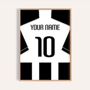 Football jersey back layout poster with bold block numerals and striped lower panel, clean silhouette design for a modern sports room or games room