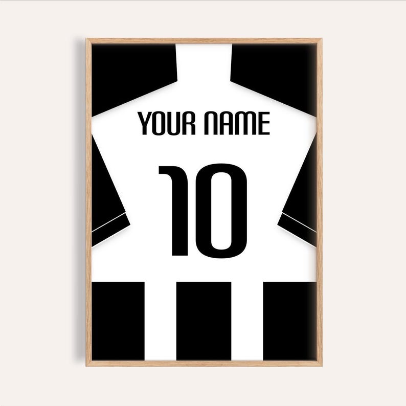 Football jersey back layout poster with bold block numerals and striped lower panel, clean silhouette design for a modern sports room or games room