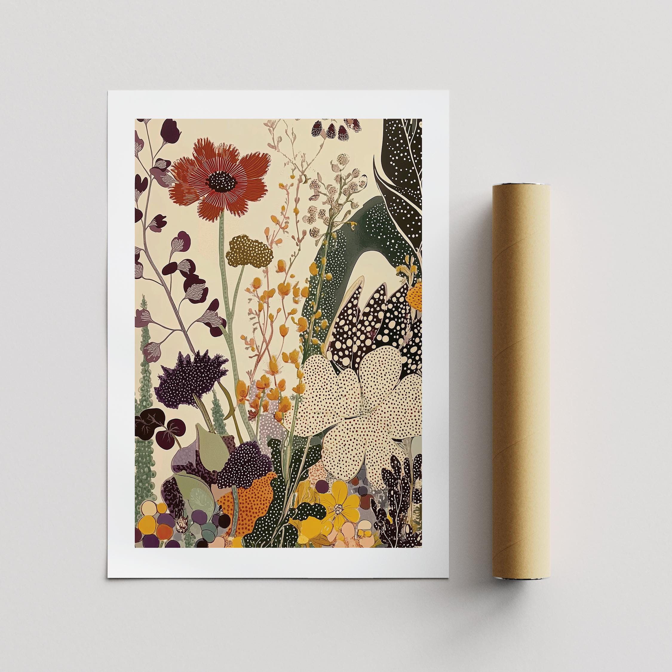 Japanese Botanical Art Print: Abstract Garden Poster, Earthy Tones