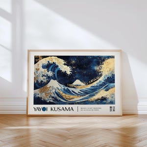 Gold & Blue Wave Art Print Yayoi Kusama Inspired Great Wave Poster, Japanese Ocean Wall Decor | Japandi Asian Print for Living Room, Office
