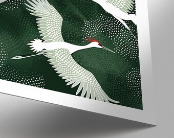 日本の鶴の版画：ミニマルな緑の自然アート - Etsy 日本