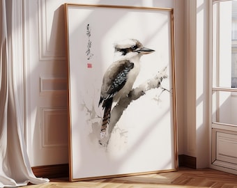 ワライカワセミのプリント：日本の水彩画の鳥のアート、自然の壁飾り