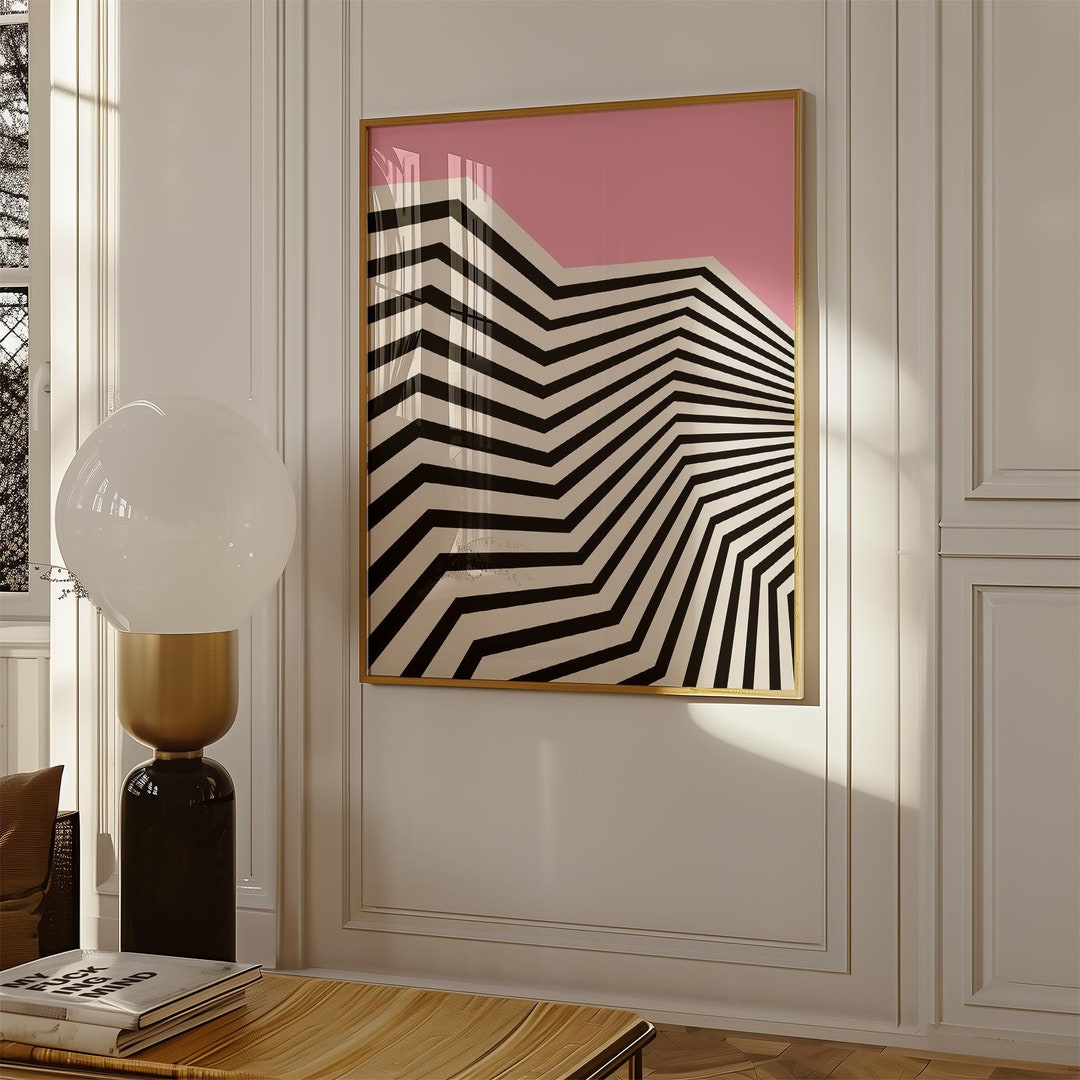 Geometric Pink and Black Wall Art Modern Abstract Zigzag Design for
