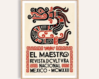 Folk Serpent Art Print, Mexican Graphic Poster (Black, Red, Beige)