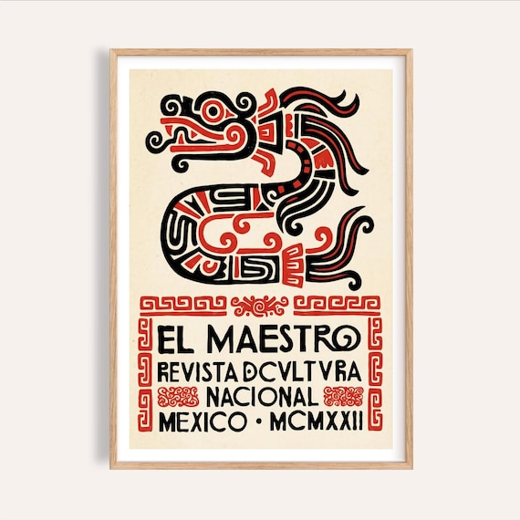 Folk Serpent Art Print, Mexican Graphic Poster (Black, Red, Beige)