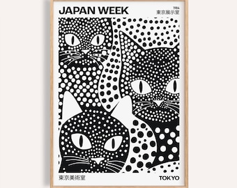 Funky Black Cat Art Print: Japandi Polka Dot Poster