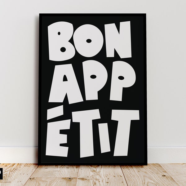 Bon Appetit Wall Art, White & Black, Mid Century Modern Print, French Kitchen Typography, Maximalist, A4 A3 A2 A1 A0 30x40cm 40x50cm 50x70cm