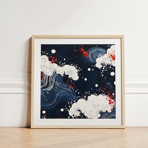 Japanese Great Wave Print With Red Accents | Japanese Wall Art Ocean Scene on Deep Navy | Square Modern Coastal Artwork for Home or Office