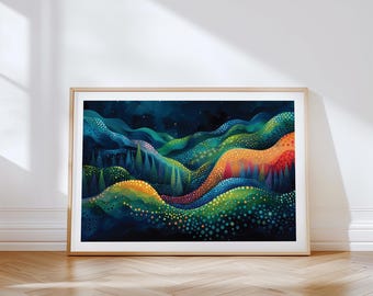 抽象的な山の風景画：日本の波の芸術、緑とオレンジ - Etsy 日本