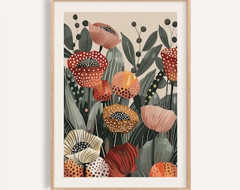Poppy Flower Art Print: Kusama Inspired Botanical Wall Decor