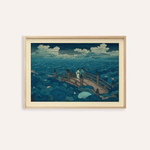 Japanse houtsnede: scène lotusvijver met boogbrug