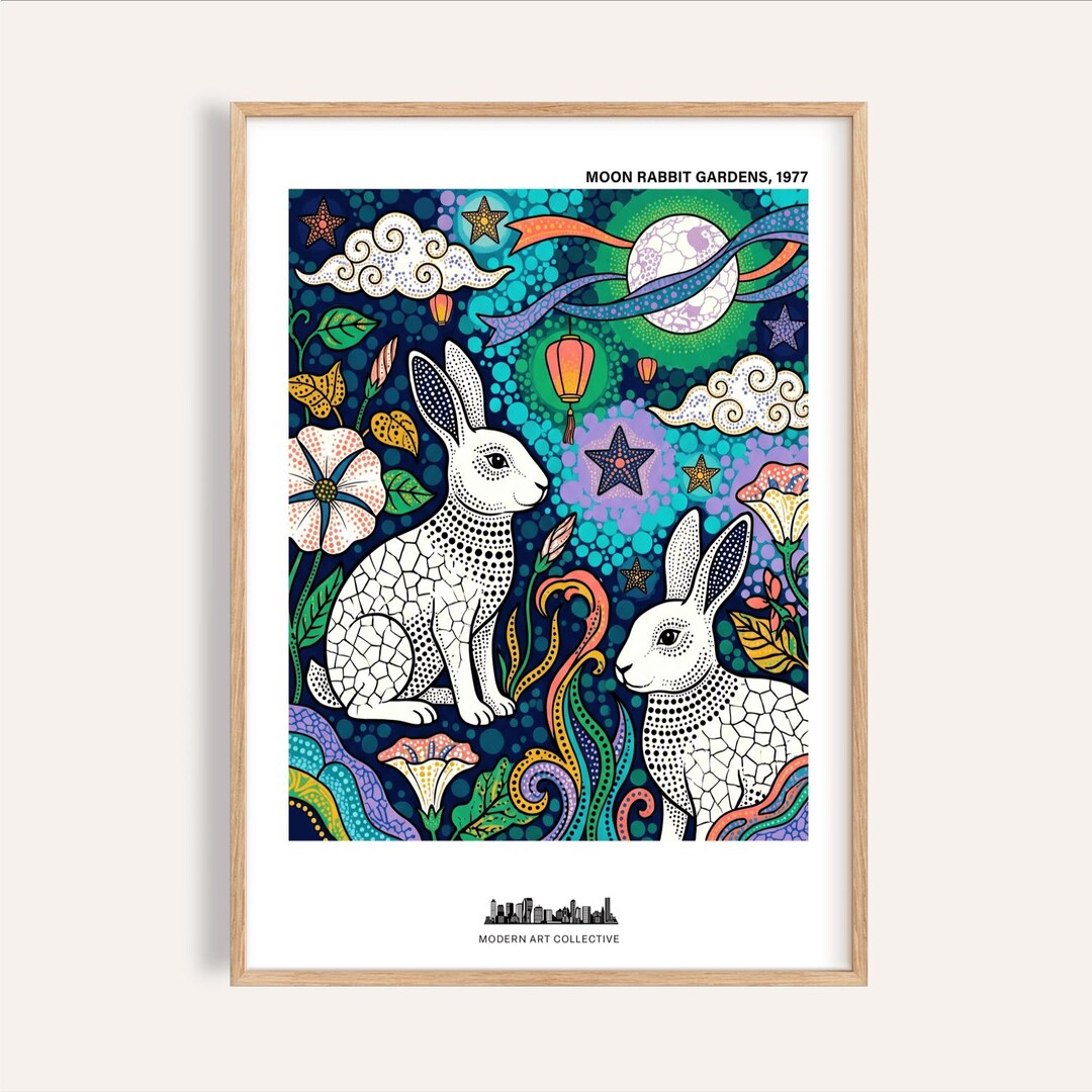 Whimsical Rabbit Art Print - Moonlit Night With Lanterns and Stars - Etsy