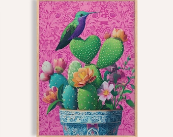Heart Cactus Art Print: Hummingbird & Talavera Pot - Mexican Decor