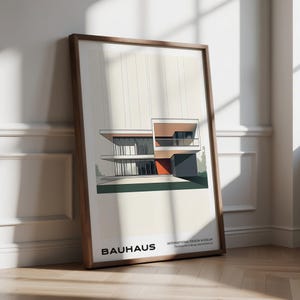 Bauhaus Architecture Poster Modernist House Print with Glass Facade and Red Accent Mid Century Wall Art for Contemporary Decor