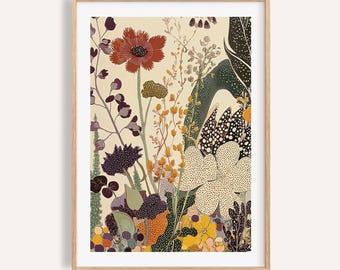Japanese Botanical Art Print: Abstract Garden Poster, Earthy Tones