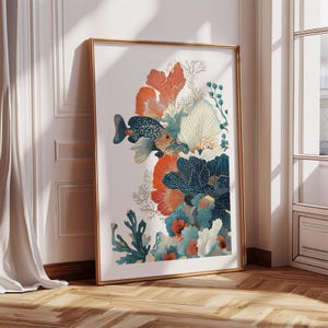 Tropical Fish Poster With Coral Reef and Speckled Fish | Japanese Wall Art Ocean Print for Beach House or Bathroom | Bold Coastal Decor