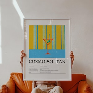 Art Prints for the Kitchen Cosmopolitan Cocktail Poster – Retro Recipe Wall Art with Yellow and Blue Stripes, Vintage Bar Decor for Home