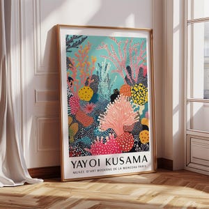 Bright Wall Art Coral Reef Print – Yayoi Kusama Inspired Colorful Ocean Poster – Abstract Sea Life Wall Decor for Living Room or Office