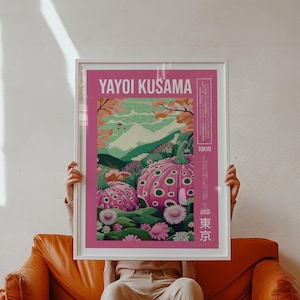 Wall Art with Pink – Japanese-Inspired Print of Pumpkins and Mount Fuji in Sakura Landscape, Colorful Nature Artwork by Laboo Studio