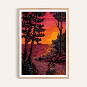 Cycling Art Print, Bold Screen Style, Lakeside Scene (Unframed)