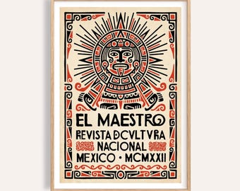 Mexican Culture Poster: Stylized Aztec Face - Red, Black, Beige Design