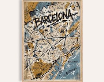 Mapa de la ciudad de Barcelona: Arte estilo póster turístico (letras a mano, colores costeros)